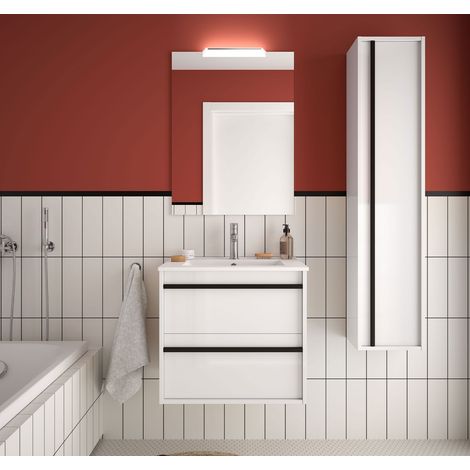 Hängender Badezimmerschrank 60 cm aus satinweißem Holz mit zwei Schubladen und Porzellanwaschbecken – Astoria - 60 cm Mit Doppelsäule Lampe - Accessorio: Standard - Misura: 60 cm