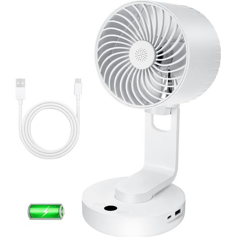 Ventilateur Bureau 4000 mAh, Ventilateur USB Silencieux Automatique Oscillant 120°+ 110° Inclinaison, Rechargeable Ventilateur Silencieux pour Camping, Bureau, Bibliothèque et Maison (Blanc)