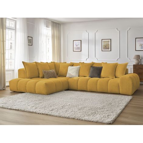 Bobochic – Canapé d'angle fixe 4 places – Tissu chiné jaune – Structure en pin et hêtre – Accueil moelleux – Style moderne (1/5)
