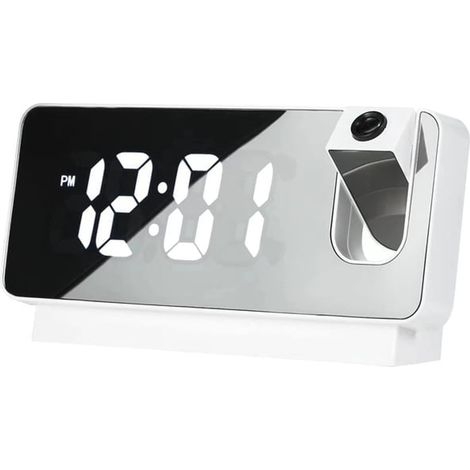 Despertador con espejo y proyección de 180° [Plástico, 18,6 x 9,4 cm, Negro/Blanco] Doble alarma, puerto USB, fuente de alimentación de emergencia, indicador de temperatura y humedad (1/5)