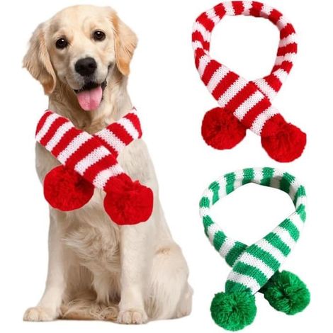 SABIR-Lot de 2 écharpes de Noël pour chiens, écharpe Père Noël avec pompon, écharpe de Noël tricotée à rayures pour animaux de compagnie, écharpes pour chiens, S (1/4)