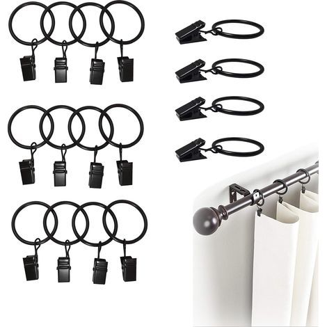 Set mit 16 Gardinenringen und Clips – Metall – Innendurchmesser: 35 mm – Mit Clips für Gardinen, Türgardinen und Duschvorhänge – Schwarz