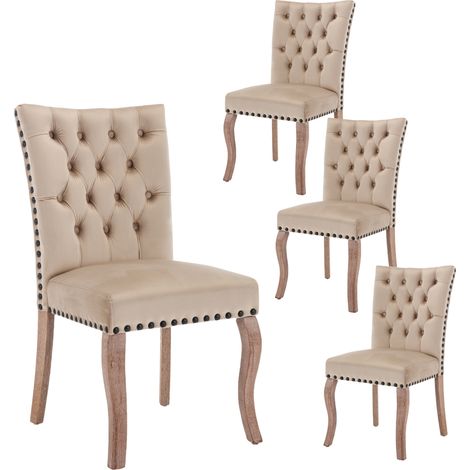 Chaise de salle à manger en velours camel clair avec cloche de porte, pieds en bois massif, lot de 4 (1/5)