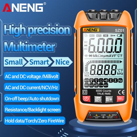 Multimètre intelligent, 6000 points, gamme automatique True RMS, NCV. Appareil portable rétro‑éclairé avec lampe‑torche, mesure tension AC/DC, courant, résistance et fréquence (1/5)