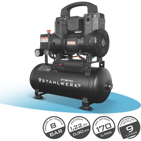 STAHLWERK Compresor con tanque de 9 L (ST-98 Pro) – sin aceite y silencioso, 8 bar, compresor de aire con motores sin escobillas, 1,22 CV, 0,90 kW, 170 l/min, compresor de pistón silencioso