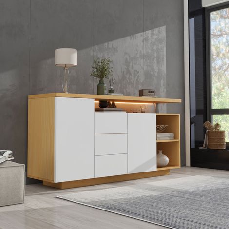 MEUBLIV Buffet 140 cm blanc et décor bois – 2 portes, 3 tiroirs, LED (1/5)
