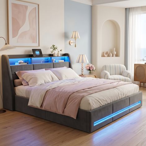 Lit Coffre 140x190 cm Tissu Lin Gris, avec LED et Prise USB - Coffre de rangement intégré - Sommier relevable - Scandinave (1/5)