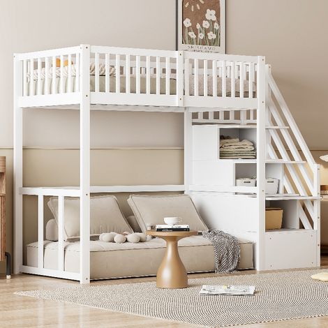 Lit mezzanine 90x200 enfant et ado avec escalier de rangement sécurisé, grand espace sous lit gain de place, structure en pin massif, Blanc (1/5)