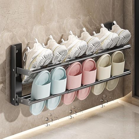 Étagère à Chaussures 2 Niveaux en Métal, Extensible de 37-67cm Porte-Chaussures étroit Mural,pour 6 Paires de Organiseur de Chaussures pour Camping-Car,Couloir et Salle de Bain,Gris (1/5)