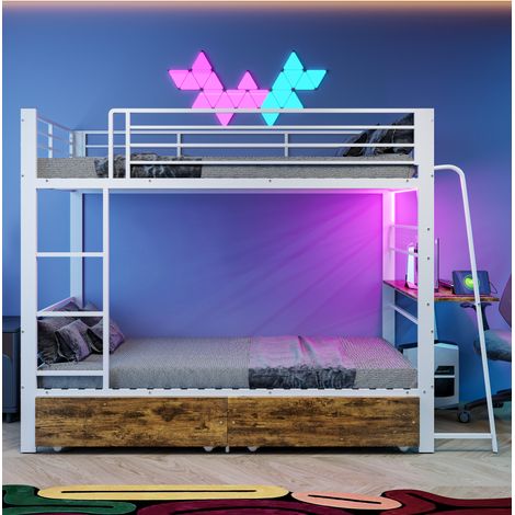 Hochbett 90 x 200 cm mit Schreibtisch, LED-Beleuchtung und Schublade, Weiß HAVRYA (1/5)