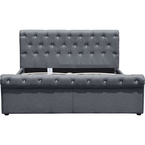 5ft Linen Fabric Diamante Chesterfield Ottoman Sleigh Bed Frame in Grey
