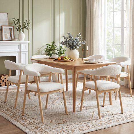 6 chaises de salle à manger en bois massif, confortables et respirantes, adaptées pour la salle à manger, le salon, les cafés, style moderne, boucle, couleur bois naturel + beige (1/5)