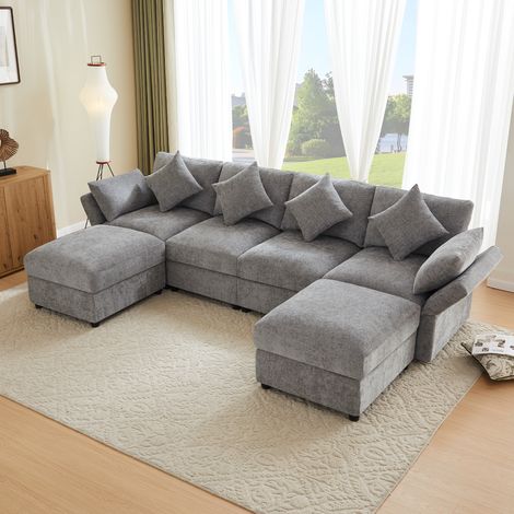 Canapé modulable 4 places, avec 2 poufs et accoudoirs réglables, chenille, gris (1/5)