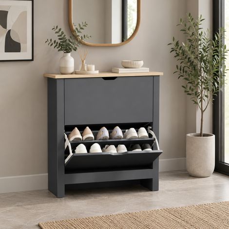 Scarpiera con 2 ante ribaltabili, 72 x 26 x 80 cm, grigio scuro OKMYHOME (1/5)