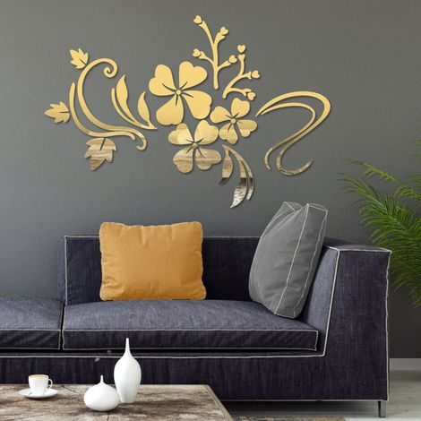 Wandaufkleber mit Blumenmotiv aus Kunststoff, abnehmbar, goldfarben, für Wohnzimmerspiegel (1/4)