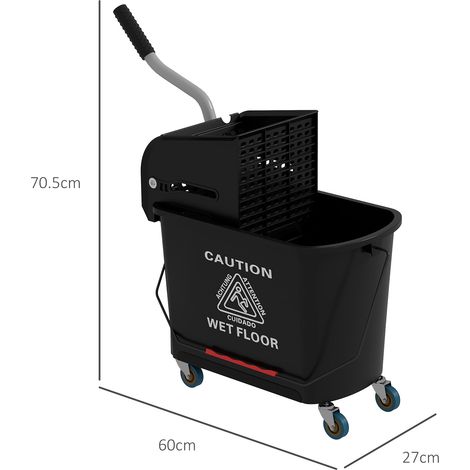 Carro de limpieza profesional de 20 litros con cubo para fregona, carro de limpieza de suelos con escurridor, panel separador, asa y 4 ruedas de plástico, 60 x 27 x 70,5 cm, negro.