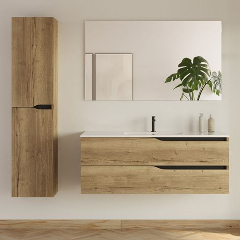 Meuble de salle de bain 120cm avec simple vasque - 2 tiroirs et colonne de rangement - madera miel (bois clair) - LUNA
