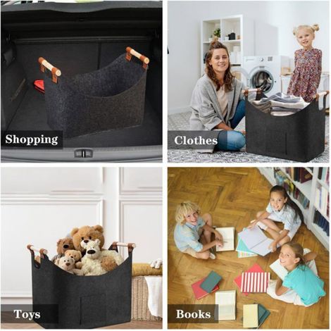 Panier rangement feutré pliable bois - 1 pièce, 44x31x40cm, poignée bois - Convient pour journaux, jouets, magazines Étiquette (1/5)