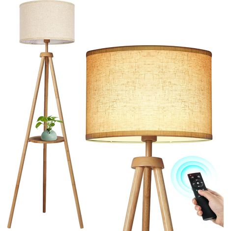 Lampadaire Trépied avec Étagères, Lampadaire Moderne LED Dimmable avec Télécommande, 4 Températures de Couleur, Lampe sur Pied en Bois avec Abat-jour en Lin Beige pour Salon, Chambre à Coucher
