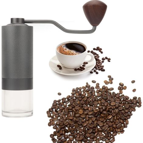 Coffret cadeau moulin à café portable à manivelle, moulin à café manuel, moulin à main en acier inoxydable, compartiment gris transparent. (1/5)