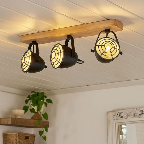 Deckenlampe schwarz Wohnzimmerleuchte Landhaus Deckenstrahler 3-flammig Holzlampe, schwenkbare Spotleiste, Metall matt, 3x 4,5W 470Lm warmweiß, LxBxH 59x11x20,5 cm