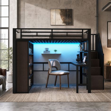 Hochbett 140x200 cm schwarz aus Metall und MDF mit Schreibtisch, Ablagen, LED-Lichtleiste und Stauraumtreppe (1/5)