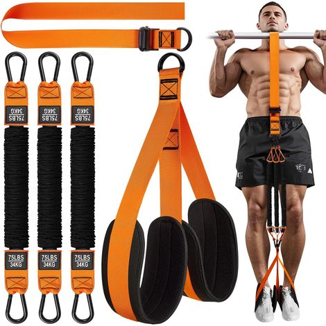 Bandes élastiques de traction avec support pour les deux pieds - Robustes - Réglables - Pour barres de traction et musculation - Orange (1/5)