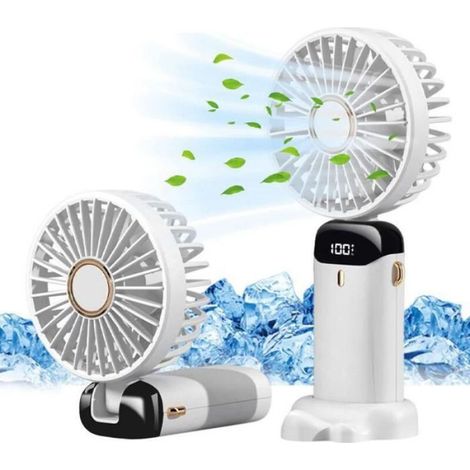 Ventilateur portable rechargeable par USB avec 5 vitesses réglables. Ventilateur pliable avec écran (blanc).