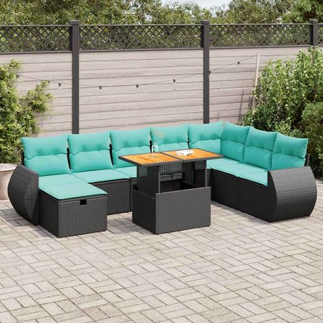 Salon de jardin 9 pièces avec coussins rouges, résine tressée et table en acacia noir - PANGIVO (1/5)