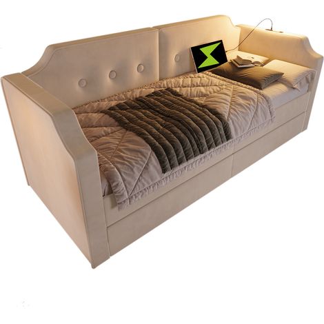Lit banquette 90x200 cm en velours beige avec 2 tiroirs, lampe de lecture, port USB Type-C et cadre robuste en métal et bois, sans matelas - CHICFURN (1/5)