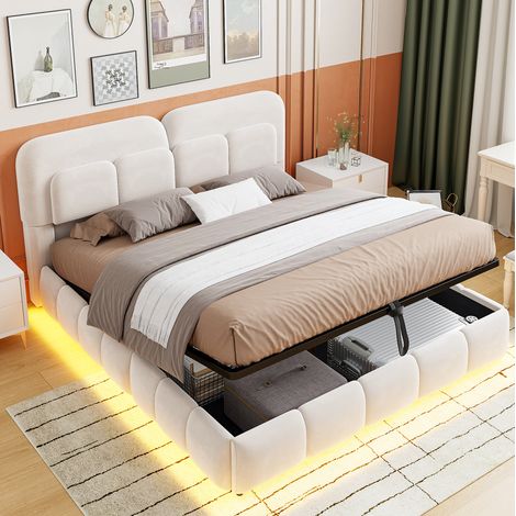 Lit coffre 140x200 cm avec LED et coffre hydraulique, tête de lit capitonnée, velours - beige (1/5)