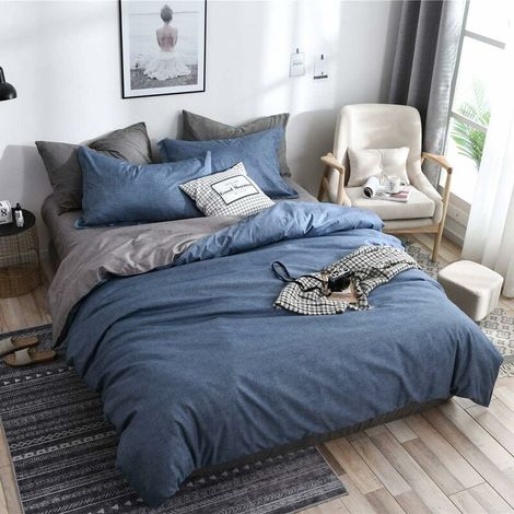 Housse de Couettes Parure de Lit 2 Personnes, 4 Pièces Microfibre Modèle de Plaine Plaid Ensemble de Literie avec 2 Taies d'oreillers et 1 Drap de lit (220x240cm,Bleu Gris) (1/2)