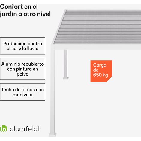 Blumfeldt Cenador LuminaHaven 3x4 m techo de lamas de acero galvanizado protege del sol, la lluvia y el viento