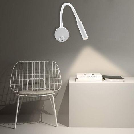 Weiße Wandleuchte, minimalistische 3-Watt-Wandleselampe mit Druckknopfschalter, warmweißes, gebogenes Licht.