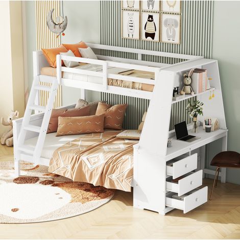 Letto a castello 243x151x154 cm, con scrivania e libreria, 3 cassetti, pino e MDF, bianco (1/5)