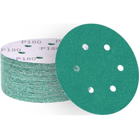 Disques abrasifs 150 mm grain 180, papier abrasif en alumine calcinée 6 trous, revêtement abrasif antiadhésif pour ponceuse orbitale (50 pièces) (1/5)