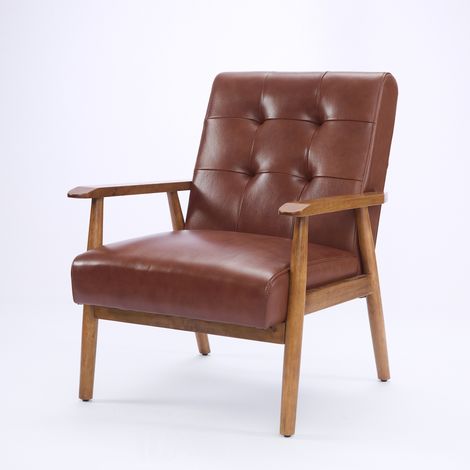Poltrona lounge in vera pelle con braccioli color noce e gambe in legno di caucciù – comoda poltrona da soggiorno marrone (1/5)