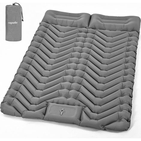 Matelas de camping gonflable double ultra léger pour 2 personnes avec pompe à pied intégrée, matelas imperméable avec sac de transport pour randonnée, voyage (gris) (1/5)