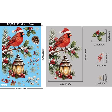 Chapeau de Noël, oiseau, autocollant pour fenêtre, décoration de Noël, autocollant pour verre, houx, baies rouges, branches de pin de Noël, paysage enneigé, autocollant statique