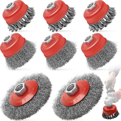 8 Pièces Brosse Métallique pour Meuleuse Angle, Brosses Torsadées M14 Acier Carbone, Brosse Conique Rond Ø 75 mm + Ø 100 mm pour Décapage Peinture Détartrage, Nettoyage Surfaces Métalliques (1/5)