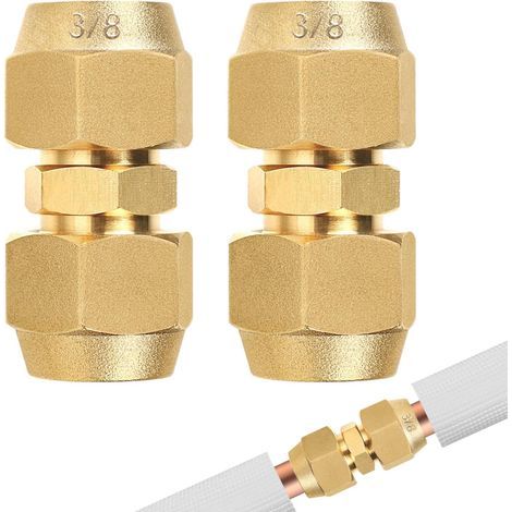 Set of 2 Double Fittings, Reinforced Brass, 9.52 mm Copper Pipes, Air Conditioning, Solderless (1/5)