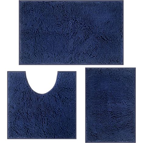 Lot de 3 tapis de bain antidérapants et lavables pour la salle de bain, combinaison de douche, baignoire, décoration WC (bleu foncé)