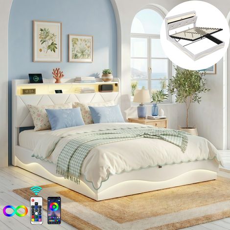 Lit Coffre Double 160x200 cm Velours avec Sommier Hydraulique, Tête de Lit Rangement, Éclairage LED et Port USB-C - Lit Adulte 2 Places - Beige