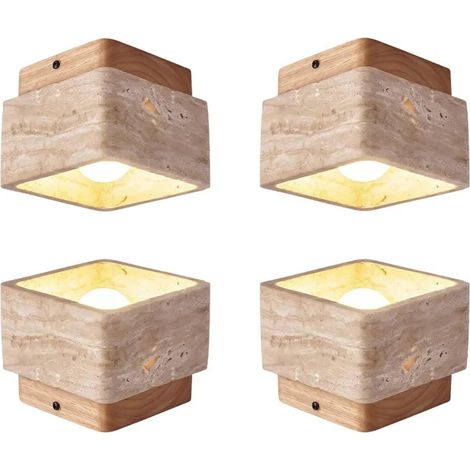 4pcs Plafonnier en Carré,12cm Lampe de Plafond Abat-jour en Travertin Jaune Naturel Semi-encastré Lustre Vintage,Bois Brut (1/5)