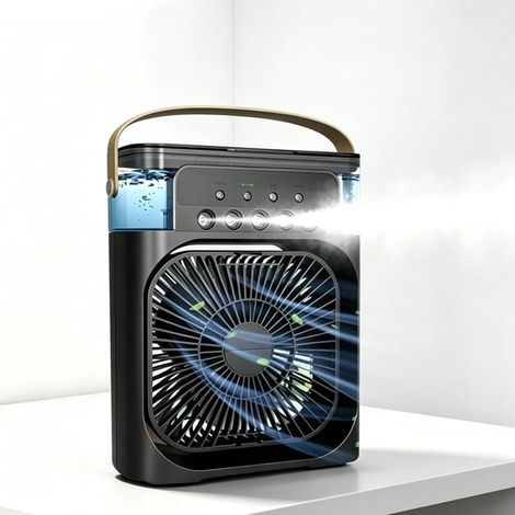 Ventilatore portatile 4 in 1 con funzione di raffreddamento – 3 velocità – ventilazione, umidificatore, aromaterapia e illuminazione a LED ventilatore per casa e ufficio (nero) (1/5)