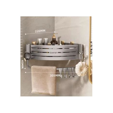 Étagère murale triangulaire avec tige, sans perçage, en alliage d'aluminium, pour salle de bain, rangement pour shampoing, maquillage et accessoires de cuisine. (1/5)