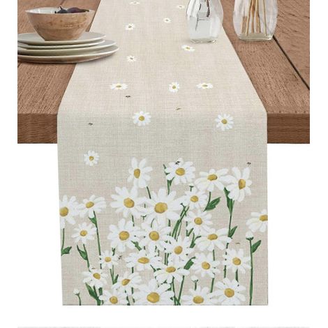 Chemin de table printanier de 3 mètres de long, style champêtre, motif marguerites blanches, idéal pour une table basse, un îlot de cuisine ou une décoration de fête. (1/5)