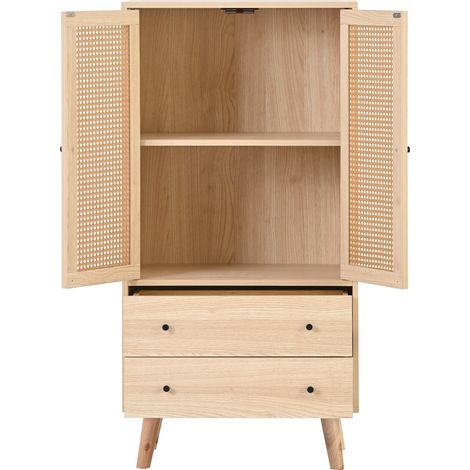 Buffet salle à manger chêne commode 2 portes 2 tiroirs meuble de rangement 60 cm avec rotin tressé (1/5)