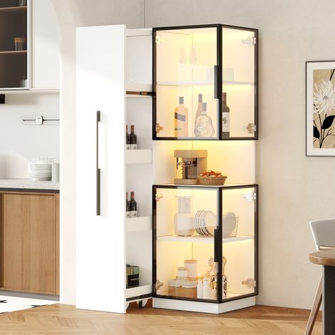 Vitrine 70x38x160 cm avec étagère coulissante, double vitrine LED, rangement haut multifonction pour salon et cuisine, coloris blanc (1/5)