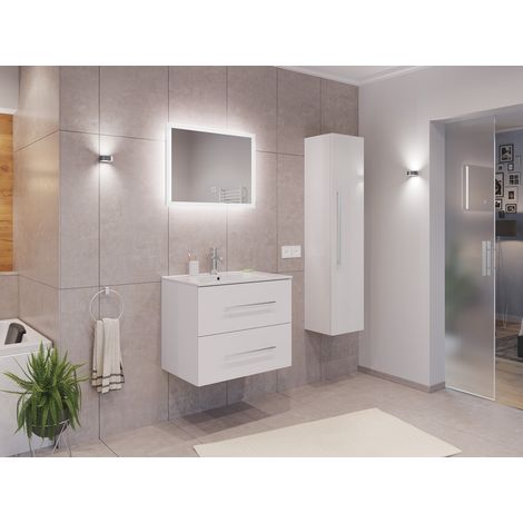 Badmöbel Set Firenze 70 3tlg. LED Spiegel und Hochschrank weiß hochglanz